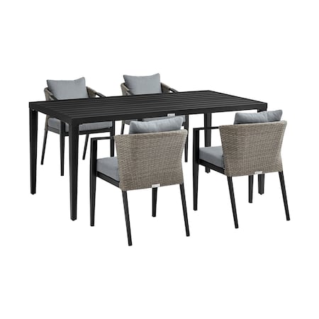 Armen Living Aileen Outdoor Patio 5-Piece Dining Table Set in Aluminum and Wicker with Gray Cushions 840254333345